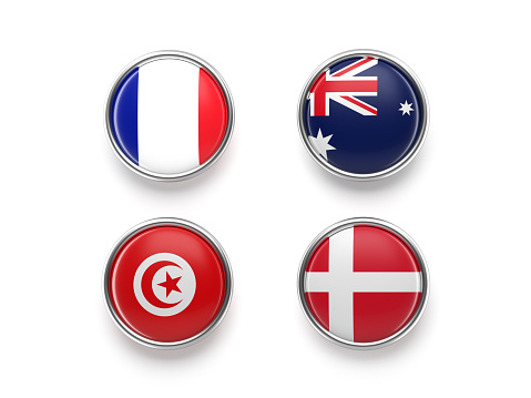 Qatar 2022 FIFA world cup championship group D badges. On white color background. Horizontal composition Isolated with clipping path.