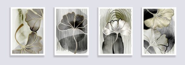 botaniczny miłorząb japoński opuszcza zestaw sztuki ściennej - wall decor stock illustrations