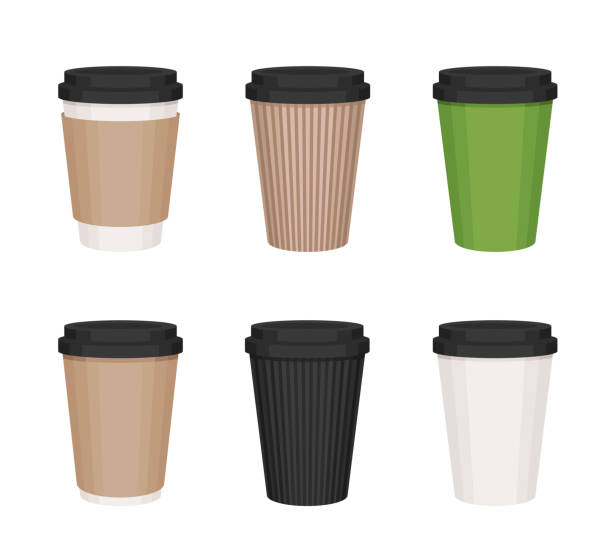 ilustrações de stock, clip art, desenhos animados e ícones de set of 6 coffee to go paper cups cartoon illustration. white, green, brown, black take away coffee cups. coffee cup with brown sleeve and black cap. isolated cartoon illustartion on white background - can disposable cup blank container