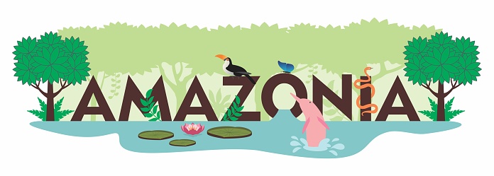 Name of the Amazon written in brown letters, adorned with animals and plants typical of the Amazon rainforest.