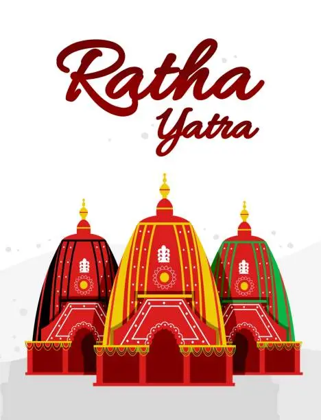 Vector illustration of Ratha yatra festival A chariot with wooden deities of Jagannath, Baladeva and Subhadra. Holiday banner greeting card Vector illustration