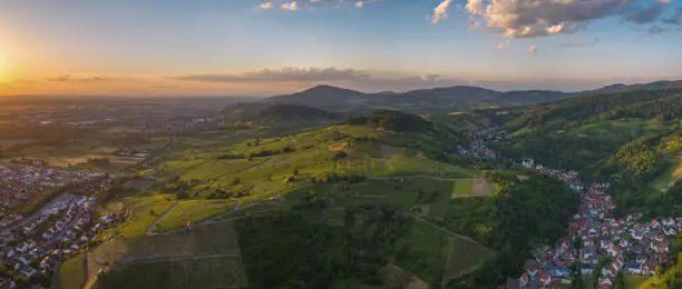 Aerial view on a landscape at the Odenwald and the city Heppenheim in Germany.