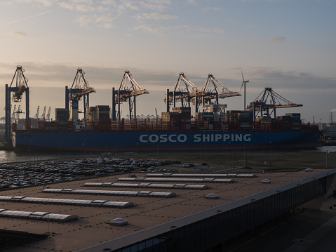 Hamburg, Germany, 8th of February 2020, Cosco Shipping cargo ship in the port of Hamburg