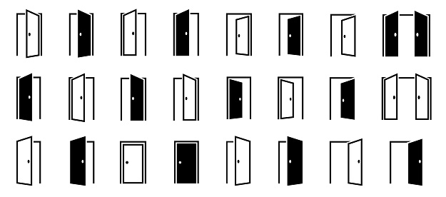 Door icons set. Opened and closed door symbols collection. Isolated. Editable stroke. Vector illustration