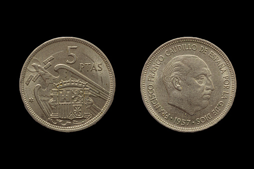 Spanish peseta coin, old money of republic of Spain