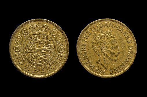 Danish krone coin obverse and reverse, money of Denmark