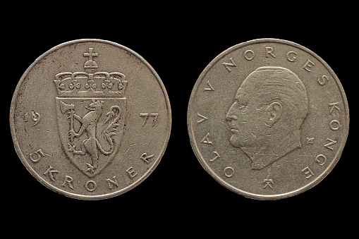 Norwegian krone coin obverse and reverse, money of Norway