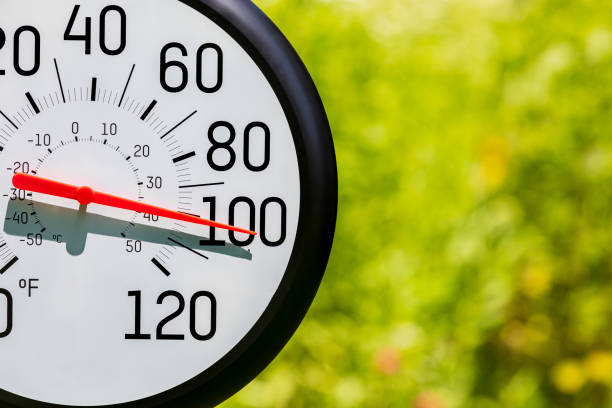 Outdoor thermometer in the sun during heatwave. Hot weather, high temperature and heat warning concept. stock photo