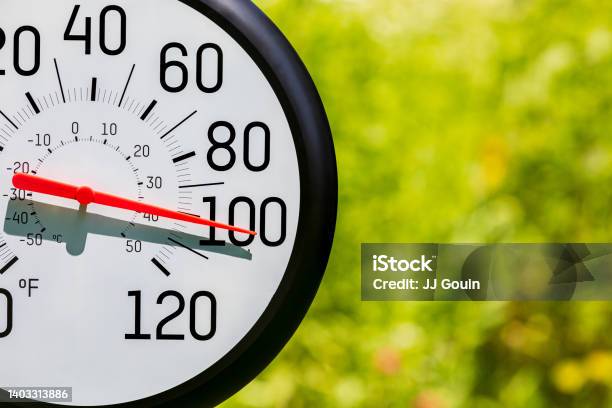 Outdoor Thermometer In The Sun During Heatwave Hot Weather High Temperature And Heat Warning Concept Stock Photo - Download Image Now