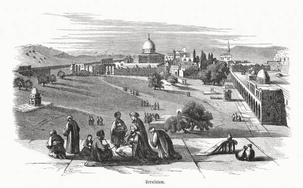 ilustraciones, imágenes clip art, dibujos animados e iconos de stock de monte del templo en jerusalén, israel, grabado en madera, publicado en 1891 - travel east jerusalem israel