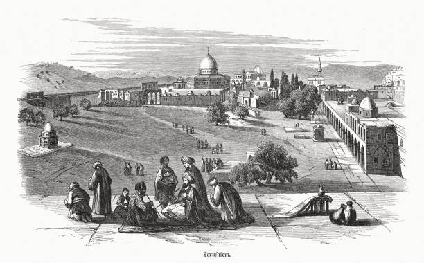 ilustrações, clipart, desenhos animados e ícones de monte do templo em jerusalém, israel, gravura de madeira, publicado em 1891 - historical palestine