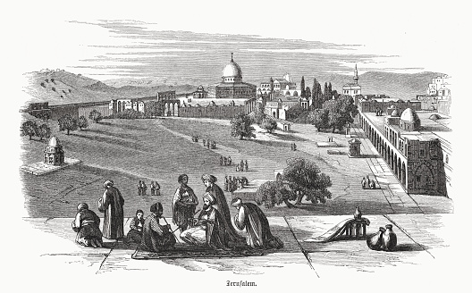 Historical view of the Temple Mount in Jerusalem, Israel. Wood engraving, published in 1891.