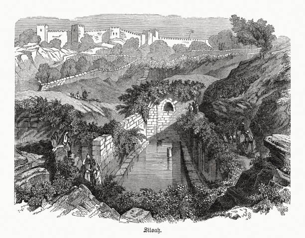 Pool of Siloam, Jerusalem, Israel, wood engraving, published in 1891 Historical view of the Pool of Siloam - a pool in Jerusalem into which the water from the Gihon spring located at the east foot of Mount Zion was channeled and which ensured the water supply of Jerusalem. Today the ancient tunnel system and the pond are part of an archaeological park. Wood engraving after a drawing by William Henry Bartlett (British illustrator, 1809 - 1854), published in 1891. pool of siloam stock illustrations