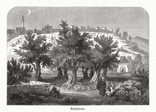 Gethsemane, Mount of Olives in Jerusalem, wood engraving, published 1891 Historical view of Gethsemane in Jerusalem at night. Gethsemane is a garden at the foot of the Mount of Olives in Jerusalem where, according to the four Gospels of the New Testament, Jesus underwent the agony in the garden and was arrested the night before his crucifixion. It is a place of great resonance in Christianity. There are several small olive groves in church property, all adjacent to each other and identified with biblical Gethsemane. Wood engraving, published in 1891. tomb of the virgin mary in jerusalem stock illustrations