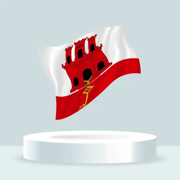Vector illustration of Gibraltar flag. 3d rendering of the flag displayed on the stand.