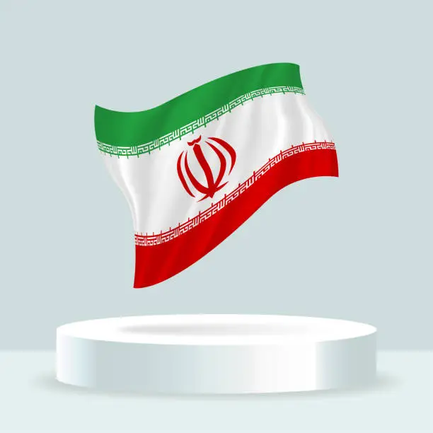 Vector illustration of Iran flag. 3d rendering of the flag displayed on the stand.