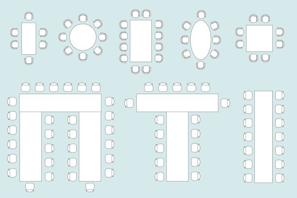 Vector seating plan for wedding and banquet guests Furniture top view. Set of outline isolated tables and chairs for interior. Vector seating plan for wedding and banquet guests, apartments, living room, bedroom, kitchen. Floor blueprint. guest stock illustrations