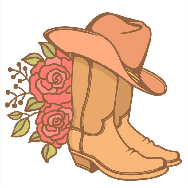 istock Cowboy boots and cowboy hat with floral decoration. Vector handdrawn illustration isolated on white for design, greeting cards, print. 1403318479