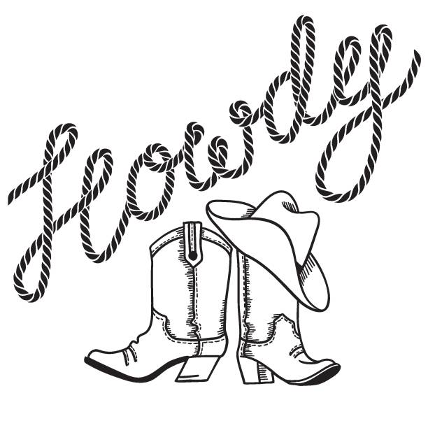 ilustrações, clipart, desenhos animados e ícones de texto de howdy com botas de cowboy e chapéu. texto de laço vetorial e roupa de rodeio isolada em branco para design - estados da costa do golfo