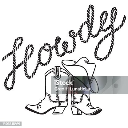istock Howdy text with cowboy boots and hat. Vector lasso text and rodeo outfit isolated on white for design 1403318491