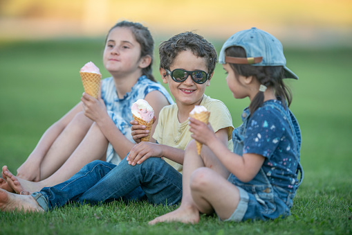 Three young children sit in the grass on a hot summer day with ice cream cones in their hands.  They are each dresed casually and are enjoying their cool treat together.