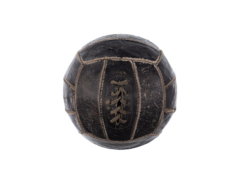 old black leather soccer ball isolated on white background