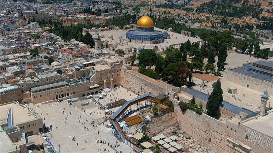 Drone and unique shot from Jerusalem in summer of 2022, the Kotel and al Aqsa mosque, israel