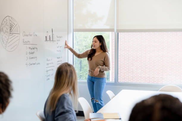istock Team member stands at the whiteboard 1403322588