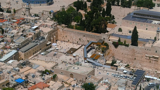 Drone view  over the Kotel holly place for jewish people, June,2022