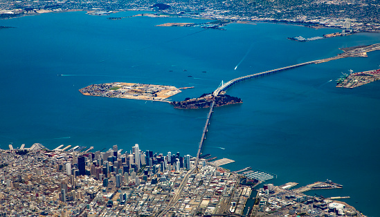 aerial of bay with downtown San Francisco and bay bridge, USA