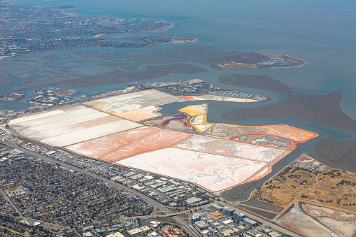 scenic aerial view to fields and shore of San Francisco with marshland of the land reclamation Projekt, USA.