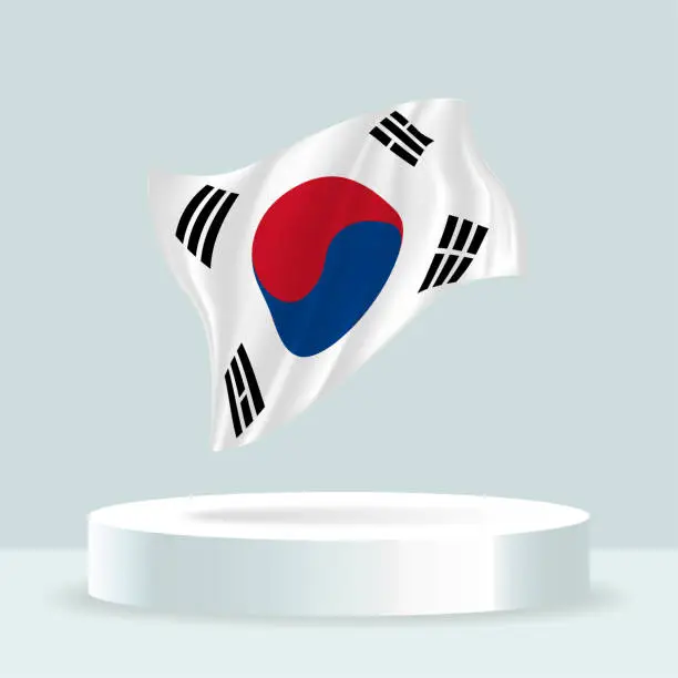 Vector illustration of South Korea flag. 3d rendering of the flag displayed on the stand.