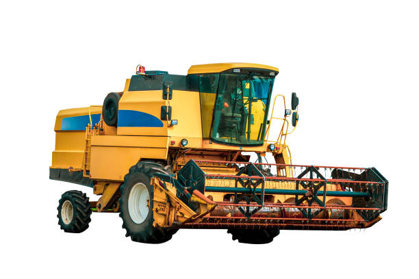 istock Yellow grain harvester on a white background, isolated image. Grain harvesting equipment 1403326483