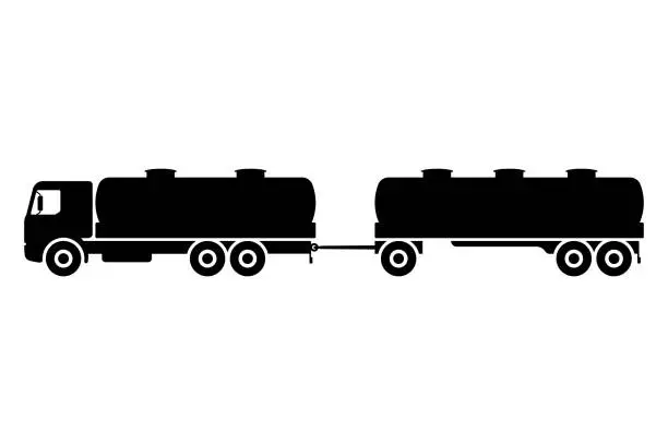 Vector illustration of Tanker truck with trailer icon. Black silhouette. Side view. Vector simple flat graphic illustration. Isolated object on a white background. Isolate.