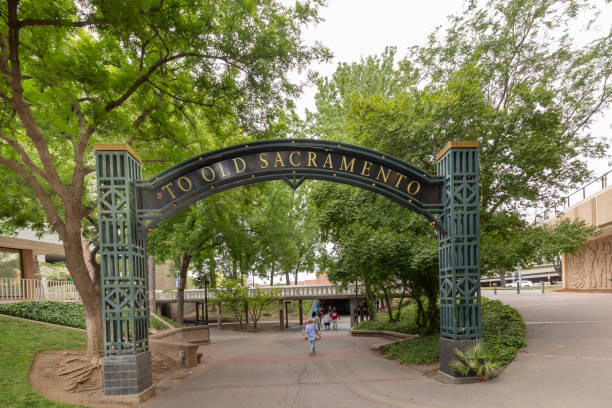 historic gate to old Sacramento town in Sacramento stock photo