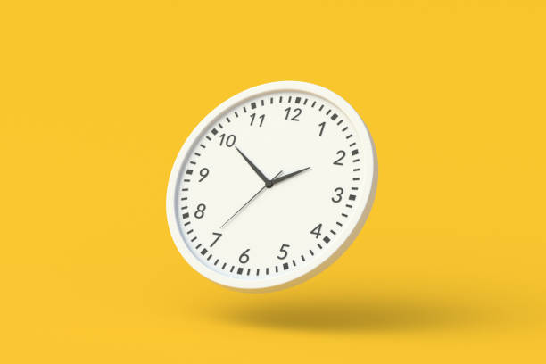istock Levitating modern wall clock on yellow background. Time management. Coffee break. Home accessories. 3d render 1403336131