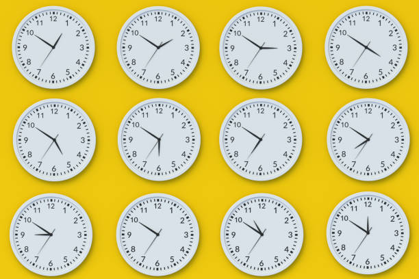 istock Minimalist wall clocks on yellow background. Time management. Coffee break. Home accessories. Top view. 3d render 1403336133