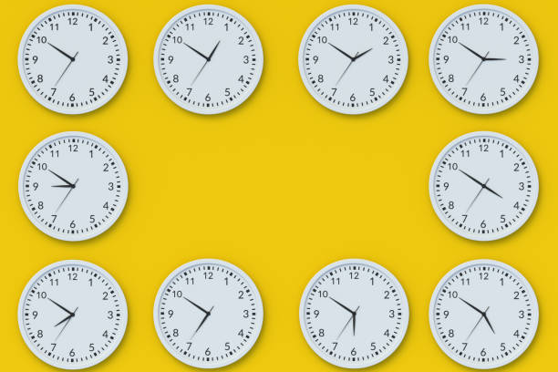 istock Frame made of wall clocks on yellow background. Top view. Copy space. 3d render 1403336141