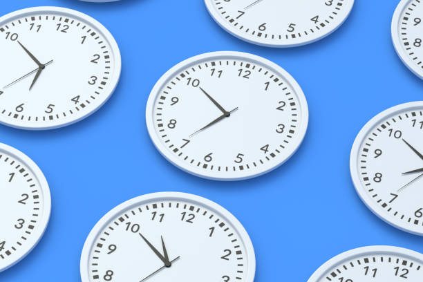 istock Pattern of round wall clocks on blue background. Time management. Coffee break. Home accessories. 3d render 1403336142