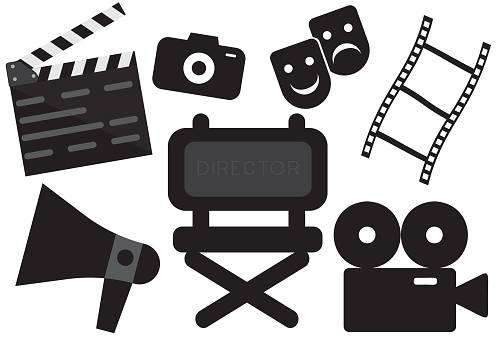 set of cinema icons , Director chair, clapper board, film camera, film strips, megaphone in isolated background