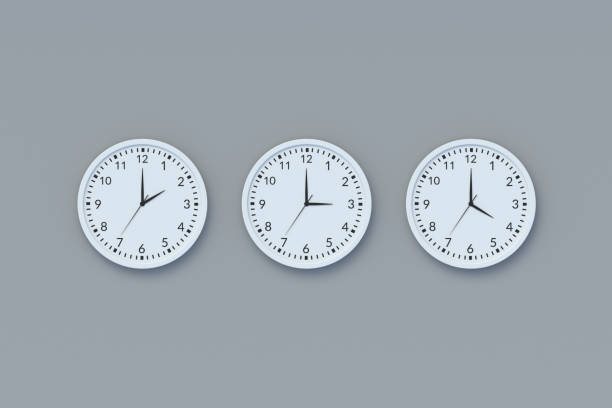 istock Three modern wall clocks on gray background. Time management. Coffee break. Home accessories. Flat lay. 3d render 1403336151