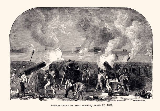 april 1861: bombardierung von fort sumter (xxxl mit vielen details) - bürgerkrieg stock-grafiken, -clipart, -cartoons und -symbole