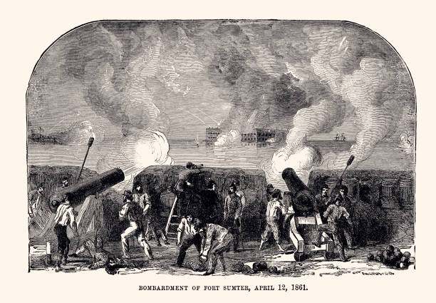 Bombardment of fort Sumter. Vintage engraving circa late 19th century. Digital restoration by Pictore. Confederate gunners fired on Ft. Sumter in Charleston, SC on April 12, 1861. Ft. Sumter fell 34 hours later.