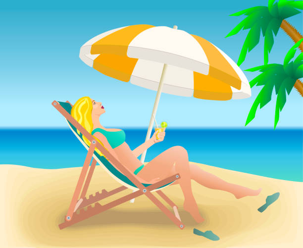 illustrazioni stock, clip art, cartoni animati e icone di tendenza di ragazza in un costume da bagno blu sdraiata su una chaise longue. riposa sul mare. una donna tiene un bicchiere con un cocktail in mano. vacanze estive. spiaggia di sabbia isolata su bianco. - umbrella beach sex symbol white