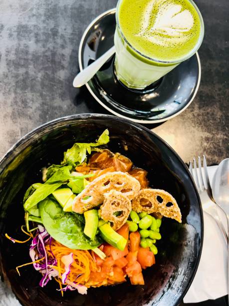 Matcha Latte and Smoked Salmon Poke Bowl