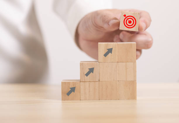 istock Close up hand stack Wooden block to upside bar graph to stack. Concept for growth graph and route to target. 1403338370