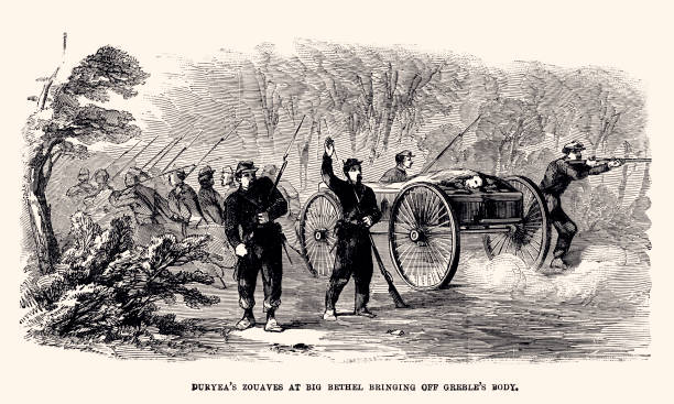 big betel의 duryea's zouaves가 존 t. 그레블 중위의 시신을 떼어내고(많은 세부 사항이 담긴 xcl) - 1861 stock illustrations