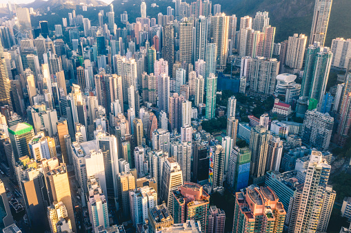 Helicopter point of view in Hong Kong with many details visible in the image