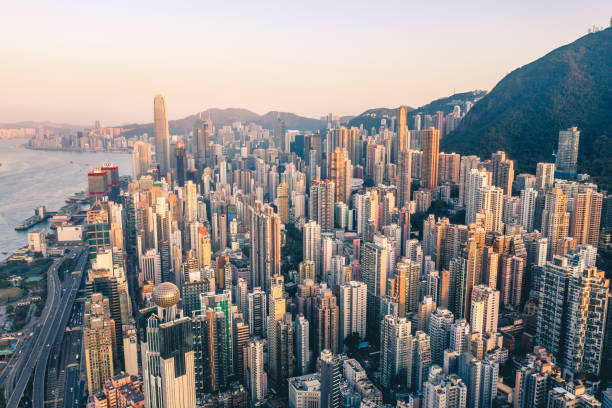 Helicopter point of view in Hong Kong with many details visible in the image stock photo