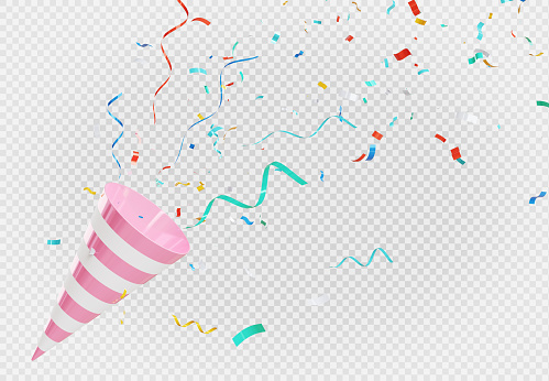 3d render of colorful confetti with poper shoot on transparent background.